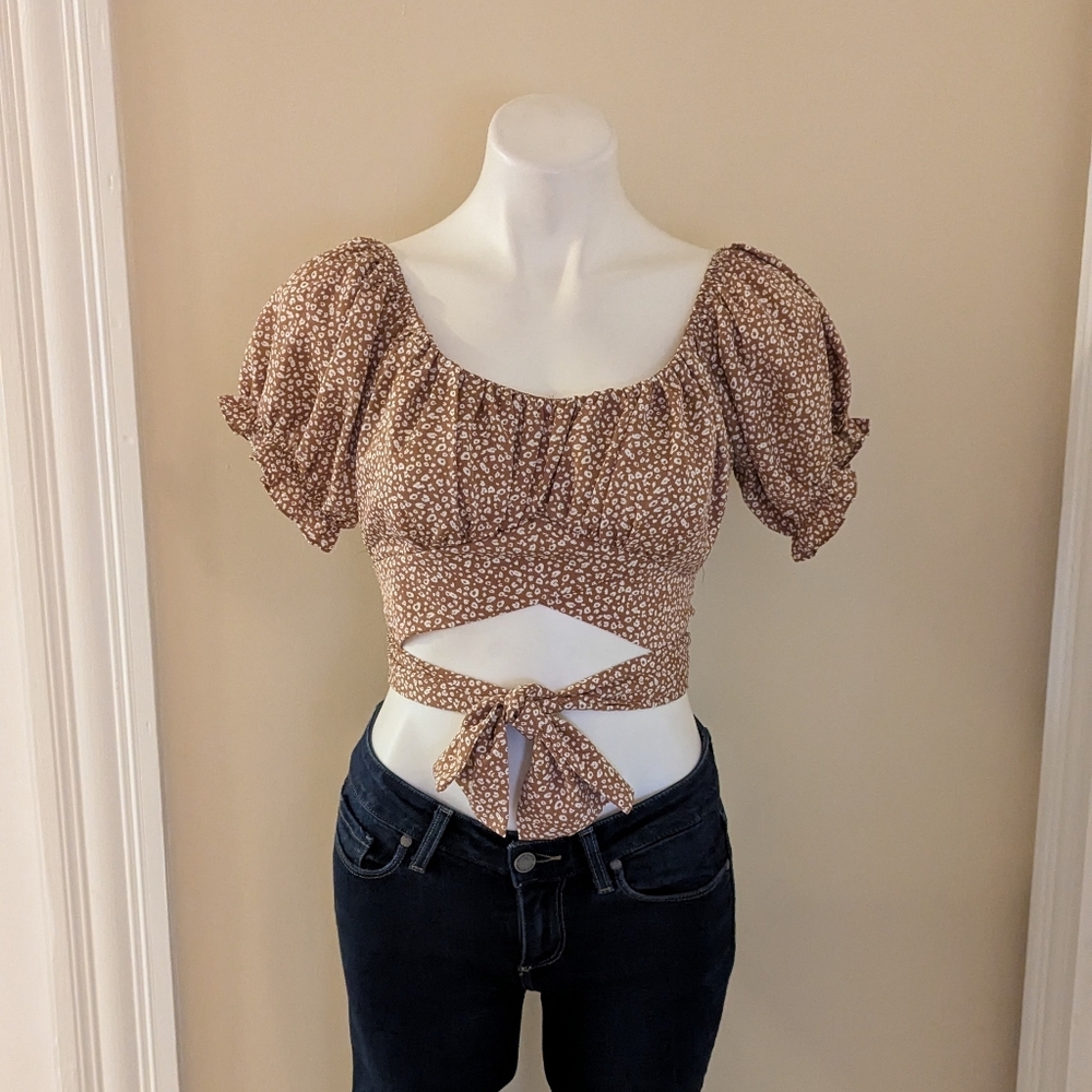 Hyfve brown and cream leopard print crop top top L